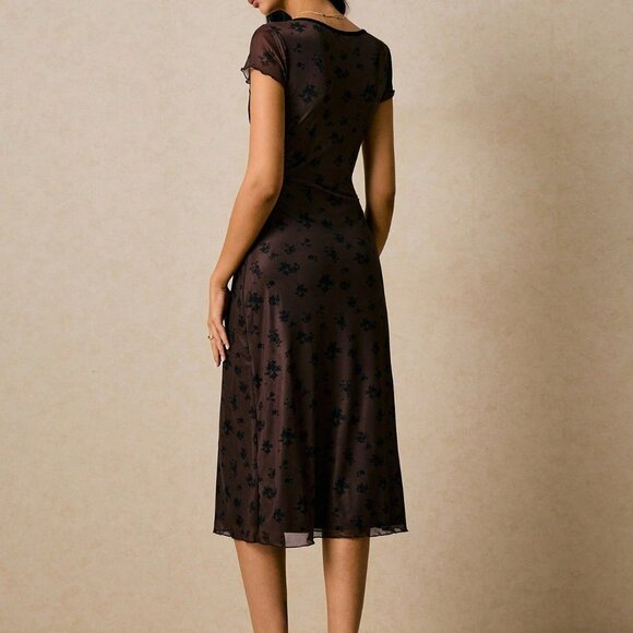 Brown Elegant Women's Floral Print Mesh Midi Dress - Picture 2 of 7